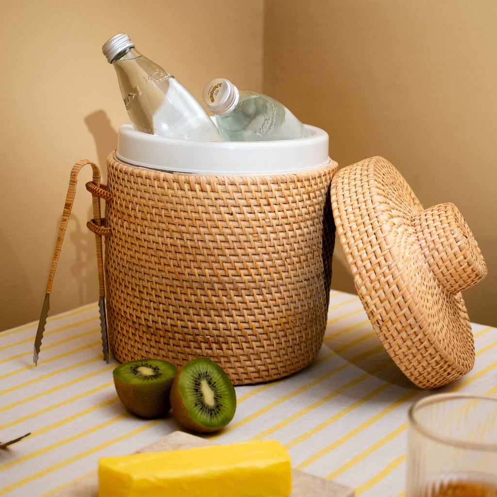 Rattan Insulated Ice Bucket with Tongs